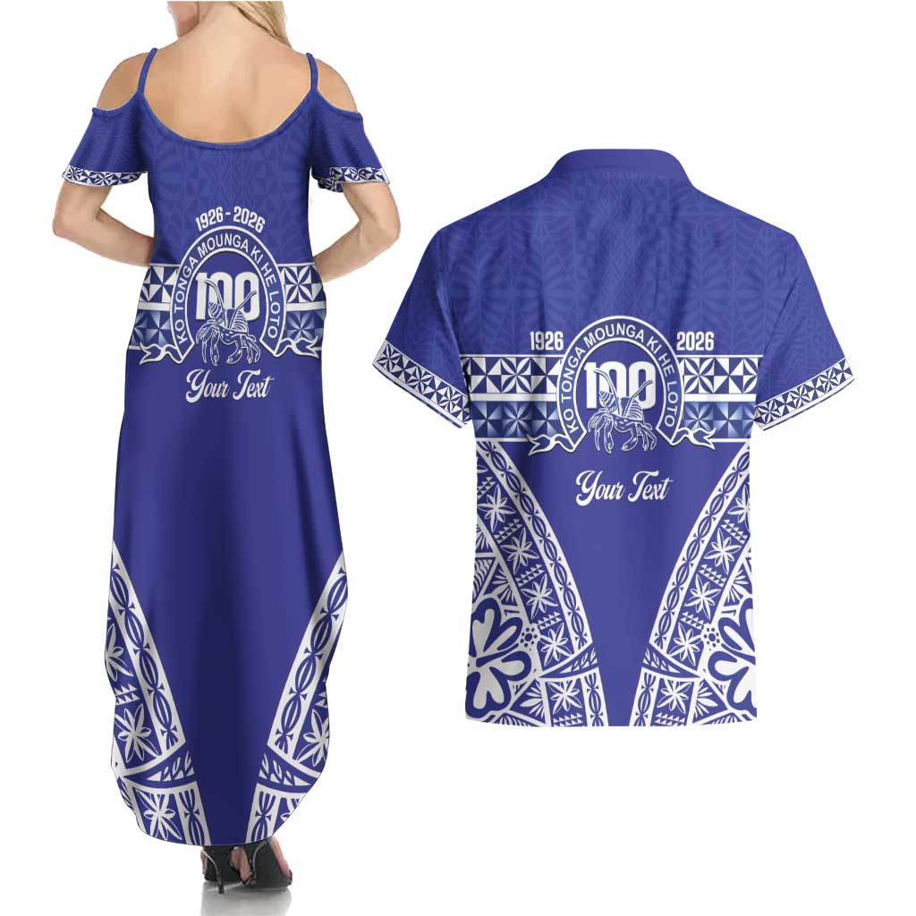 Personalised Queen Salote College Couples Matching Summer Maxi Dress and Hawaiian Shirt Kolisi Fefine 100th Anniversary Kupesi Blue LT14 - Polynesian Pride