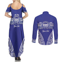 Personalised Queen Salote College Couples Matching Summer Maxi Dress and Long Sleeve Button Shirt Kolisi Fefine 100th Anniversary Kupesi Blue LT14 - Polynesian Pride