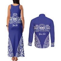Personalised Queen Salote College Couples Matching Tank Maxi Dress and Long Sleeve Button Shirt Kolisi Fefine 100th Anniversary Kupesi Blue LT14 - Polynesian Pride