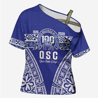 Personalised Queen Salote College Cross Shoulder Shirt Kolisi Fefine 100th Anniversary Kupesi Blue LT14 Female Blue - Polynesian Pride