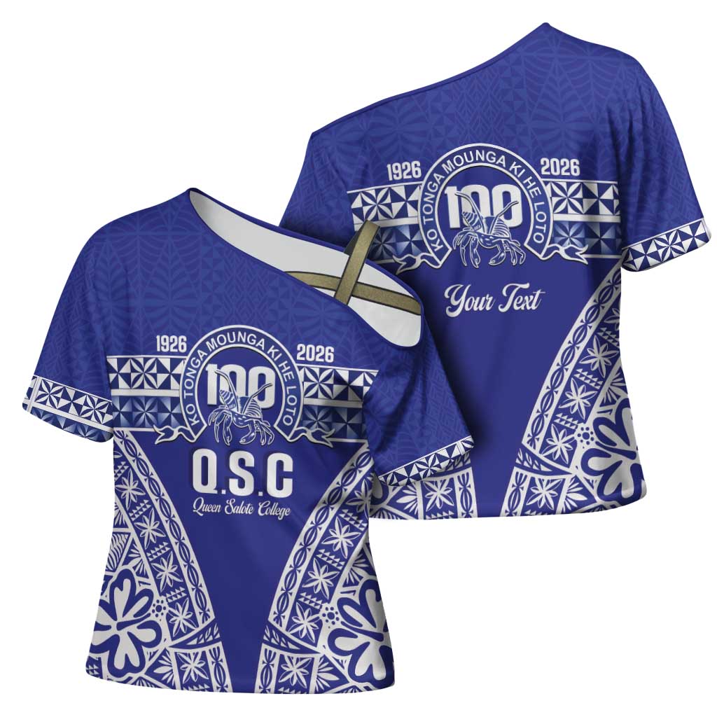 Personalised Queen Salote College Cross Shoulder Shirt Kolisi Fefine 100th Anniversary Kupesi Blue LT14 - Polynesian Pride