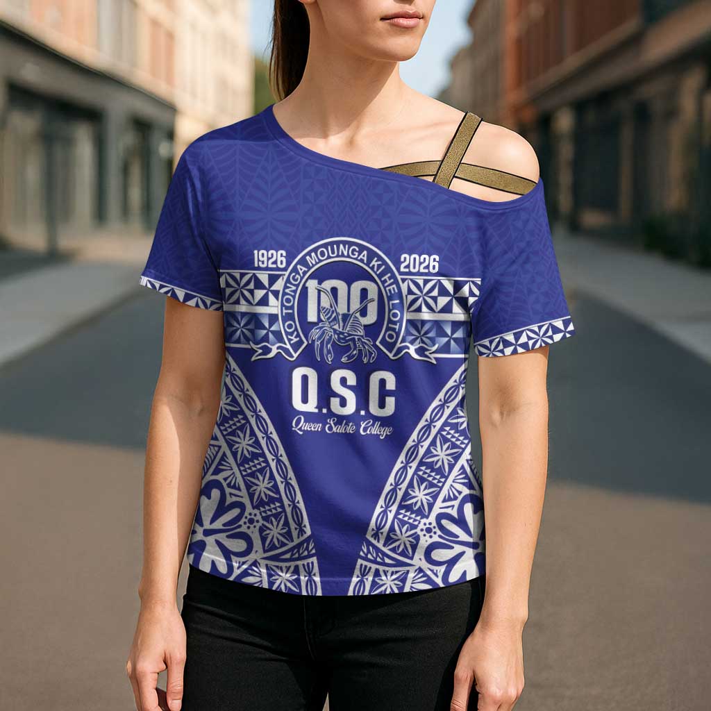 Personalised Queen Salote College Cross Shoulder Shirt Kolisi Fefine 100th Anniversary Kupesi Blue LT14 - Polynesian Pride