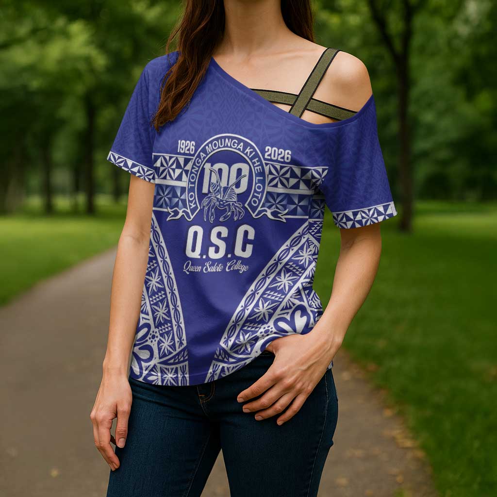 Personalised Queen Salote College Cross Shoulder Shirt Kolisi Fefine 100th Anniversary Kupesi Blue LT14 - Polynesian Pride