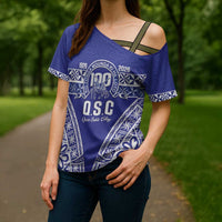 Personalised Queen Salote College Cross Shoulder Shirt Kolisi Fefine 100th Anniversary Kupesi Blue LT14 - Polynesian Pride