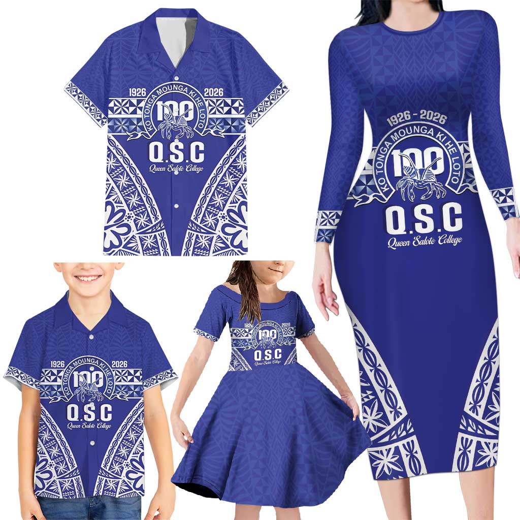 Personalised Queen Salote College Family Matching Long Sleeve Bodycon Dress and Hawaiian Shirt Kolisi Fefine 100th Anniversary Kupesi Blue LT14 - Polynesian Pride