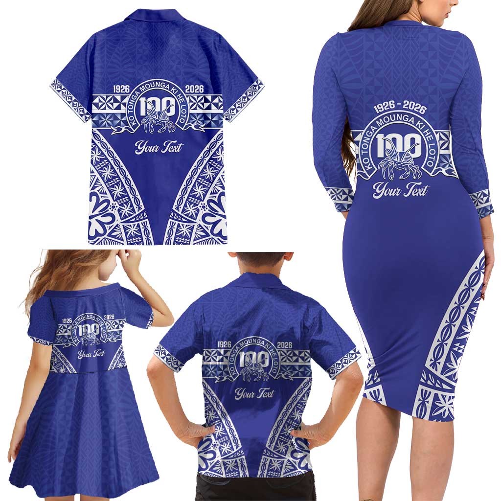Personalised Queen Salote College Family Matching Long Sleeve Bodycon Dress and Hawaiian Shirt Kolisi Fefine 100th Anniversary Kupesi Blue LT14 - Polynesian Pride