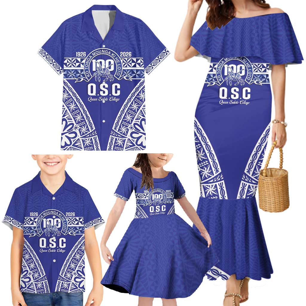 Personalised Queen Salote College Family Matching Mermaid Dress and Hawaiian Shirt Kolisi Fefine 100th Anniversary Kupesi Blue LT14 - Polynesian Pride