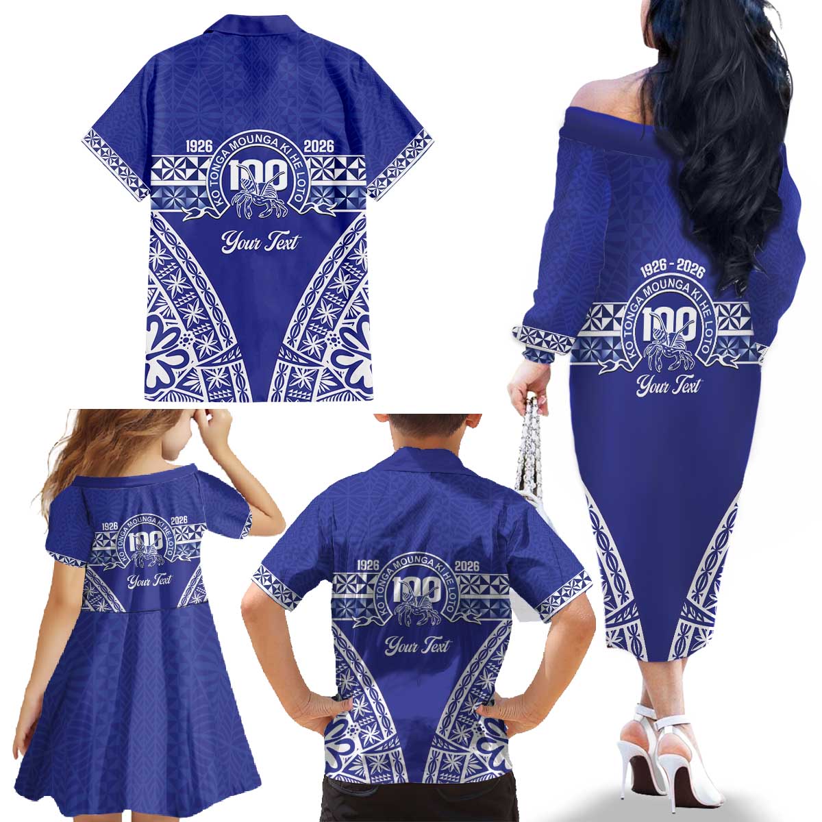Personalised Queen Salote College Family Matching Off The Shoulder Long Sleeve Dress and Hawaiian Shirt Kolisi Fefine 100th Anniversary Kupesi Blue LT14 - Polynesian Pride
