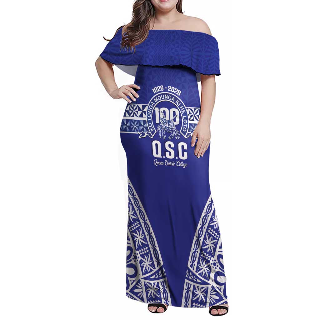 Personalised Queen Salote College Family Matching Off Shoulder Maxi Dress and Hawaiian Shirt Kolisi Fefine 100th Anniversary Kupesi Blue LT14 Mom's Dress Blue - Polynesian Pride