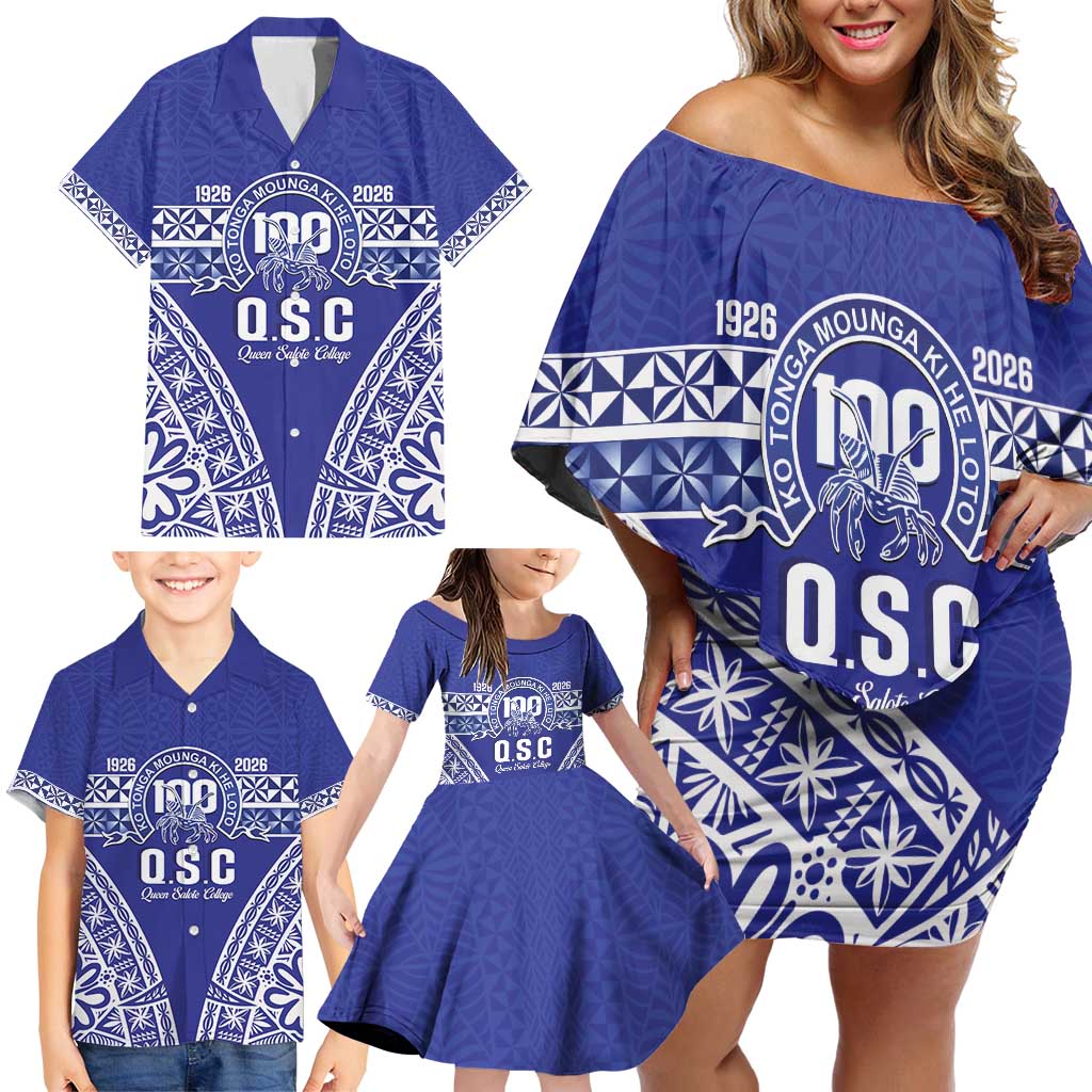 Personalised Queen Salote College Family Matching Off Shoulder Short Dress and Hawaiian Shirt Kolisi Fefine 100th Anniversary Kupesi Blue LT14 - Polynesian Pride