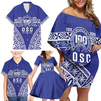 Personalised Queen Salote College Family Matching Off Shoulder Short Dress and Hawaiian Shirt Kolisi Fefine 100th Anniversary Kupesi Blue LT14 - Polynesian Pride