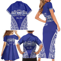 Personalised Queen Salote College Family Matching Short Sleeve Bodycon Dress and Hawaiian Shirt Kolisi Fefine 100th Anniversary Kupesi Blue LT14 - Polynesian Pride