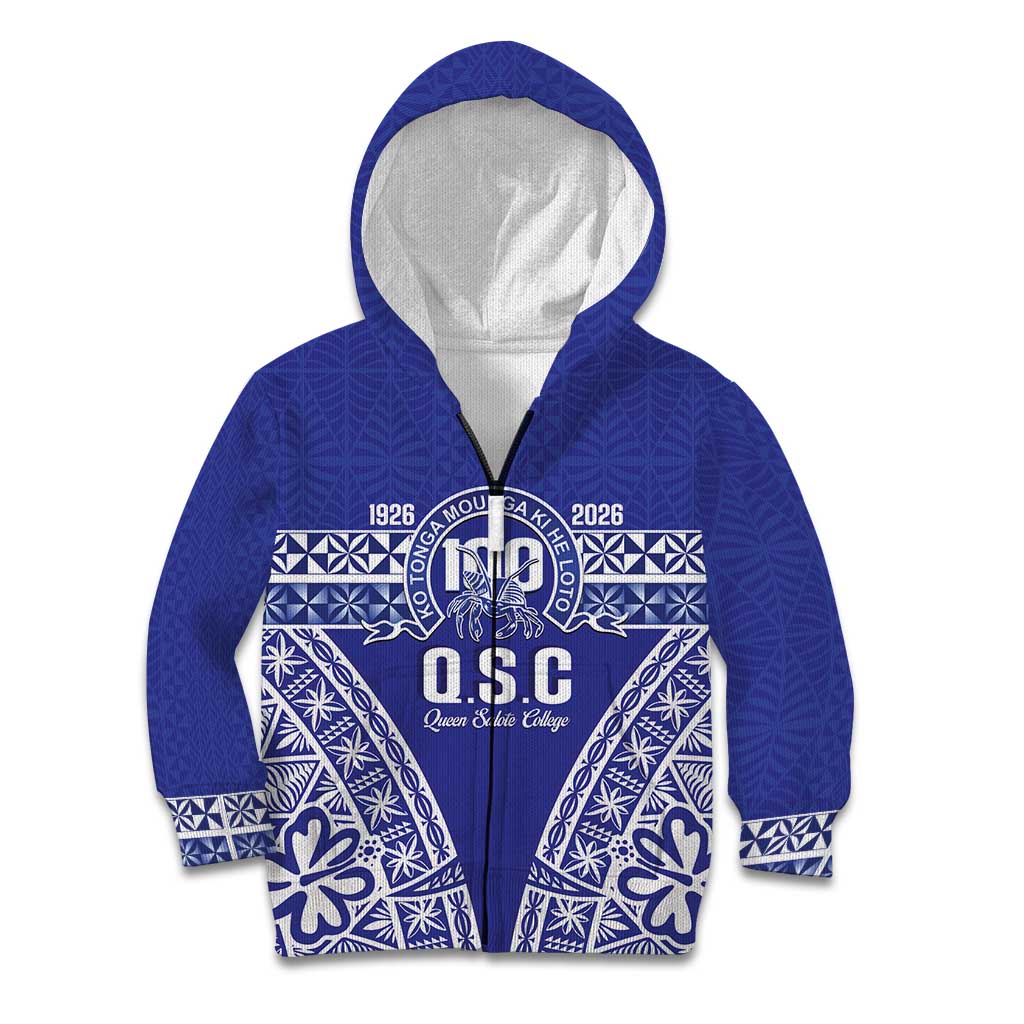 Personalised Queen Salote College Kid Hoodie Kolisi Fefine 100th Anniversary Kupesi Blue LT14 Zip Hoodie Blue - Polynesian Pride