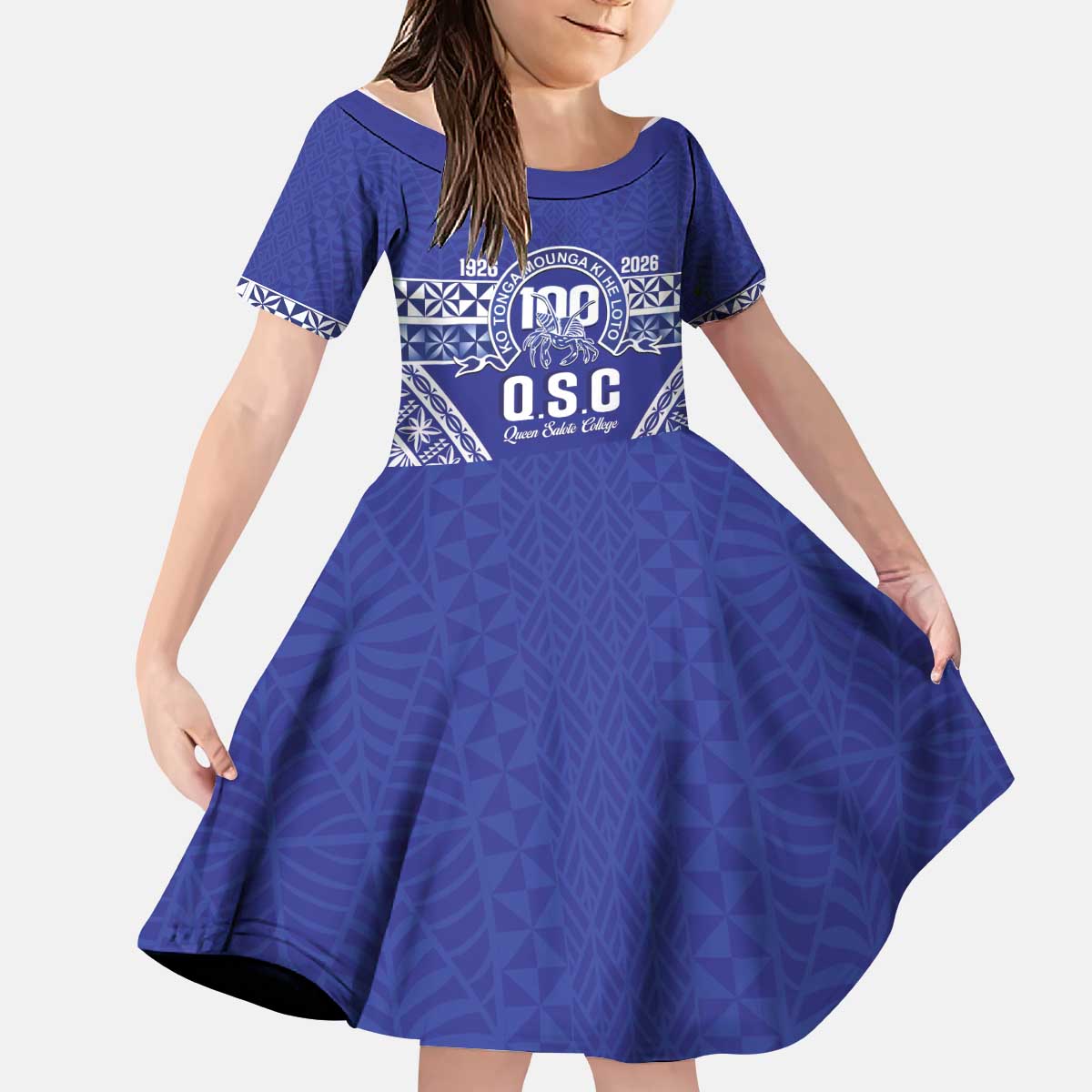 Personalised Queen Salote College Kid Short Sleeve Dress Kolisi Fefine 100th Anniversary Kupesi Blue LT14 KID Blue - Polynesian Pride