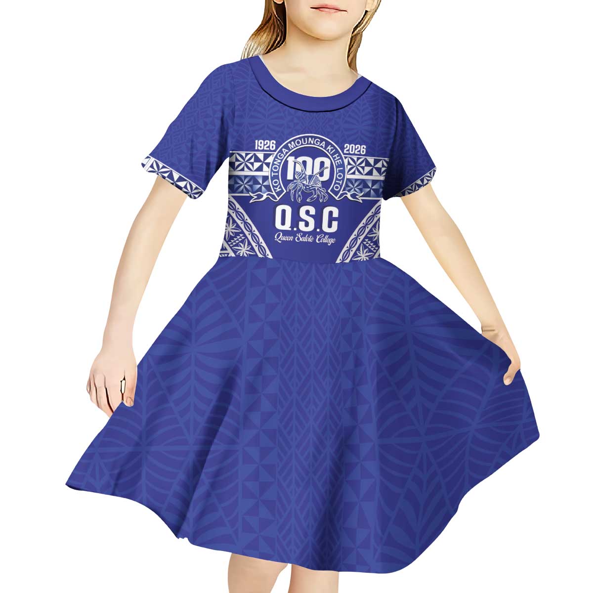 Personalised Queen Salote College Kid Short Sleeve Dress Kolisi Fefine 100th Anniversary Kupesi Blue LT14 - Polynesian Pride