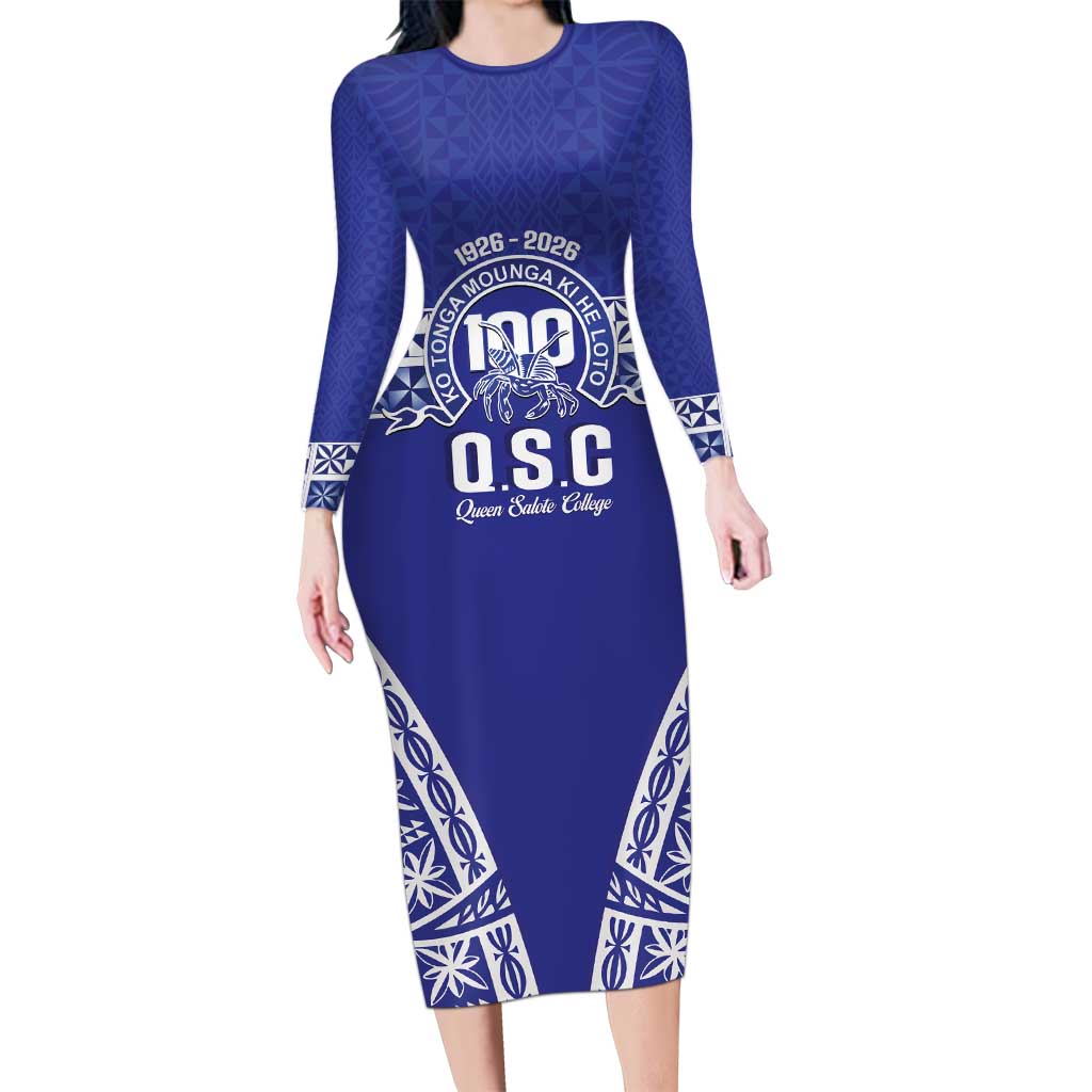 Personalised Queen Salote College Long Sleeve Bodycon Dress Kolisi Fefine 100th Anniversary Kupesi Blue LT14 Long Dress Blue - Polynesian Pride