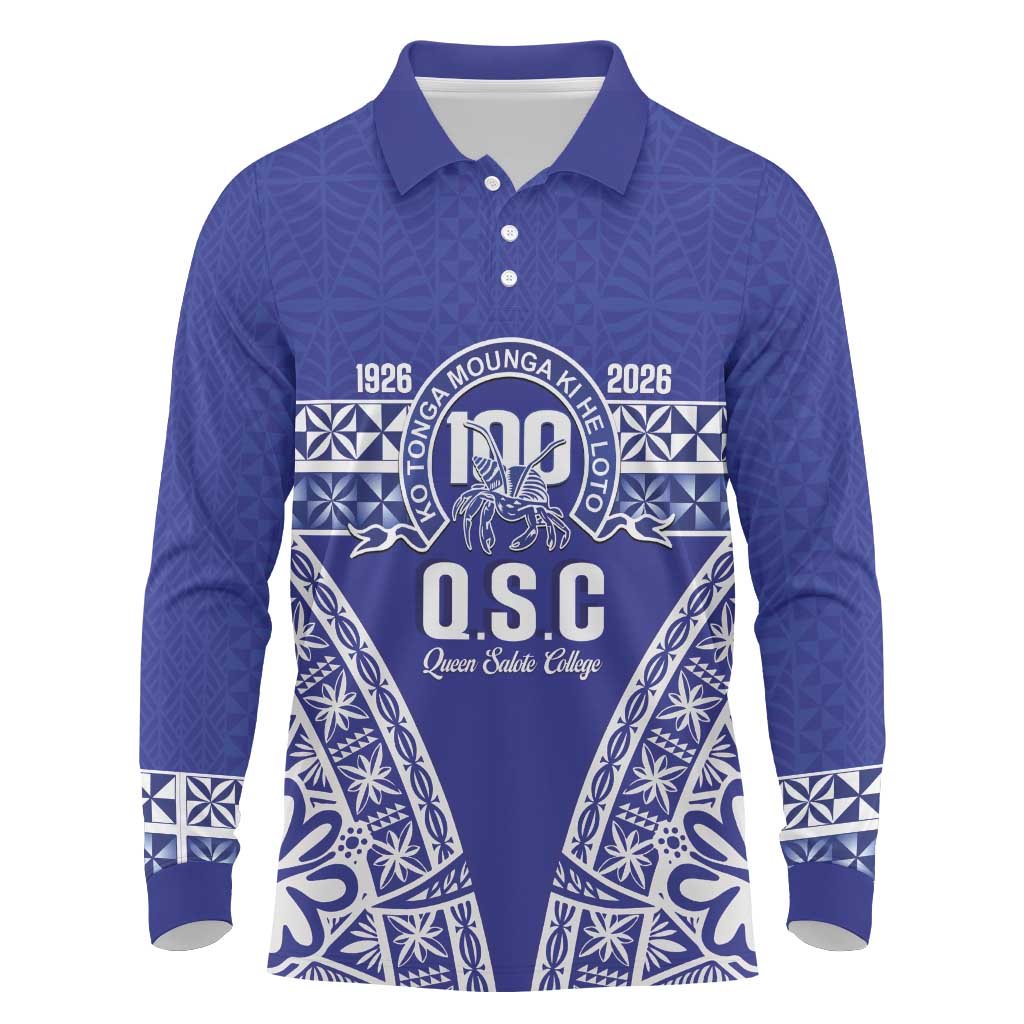 Personalised Queen Salote College Long Sleeve Polo Shirt Kolisi Fefine 100th Anniversary Kupesi Blue LT14 Blue - Polynesian Pride