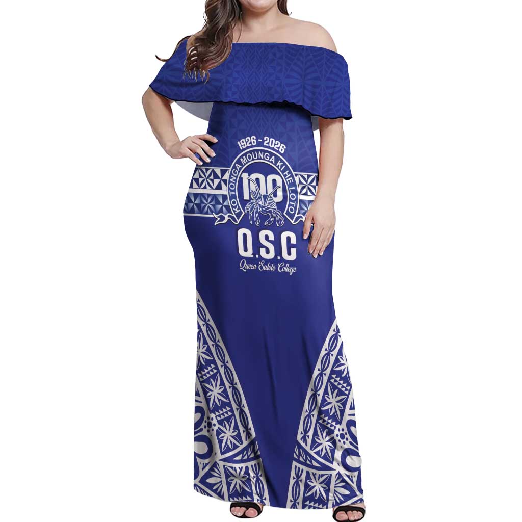 Personalised Queen Salote College Off Shoulder Maxi Dress Kolisi Fefine 100th Anniversary Kupesi Blue LT14 Women Blue - Polynesian Pride