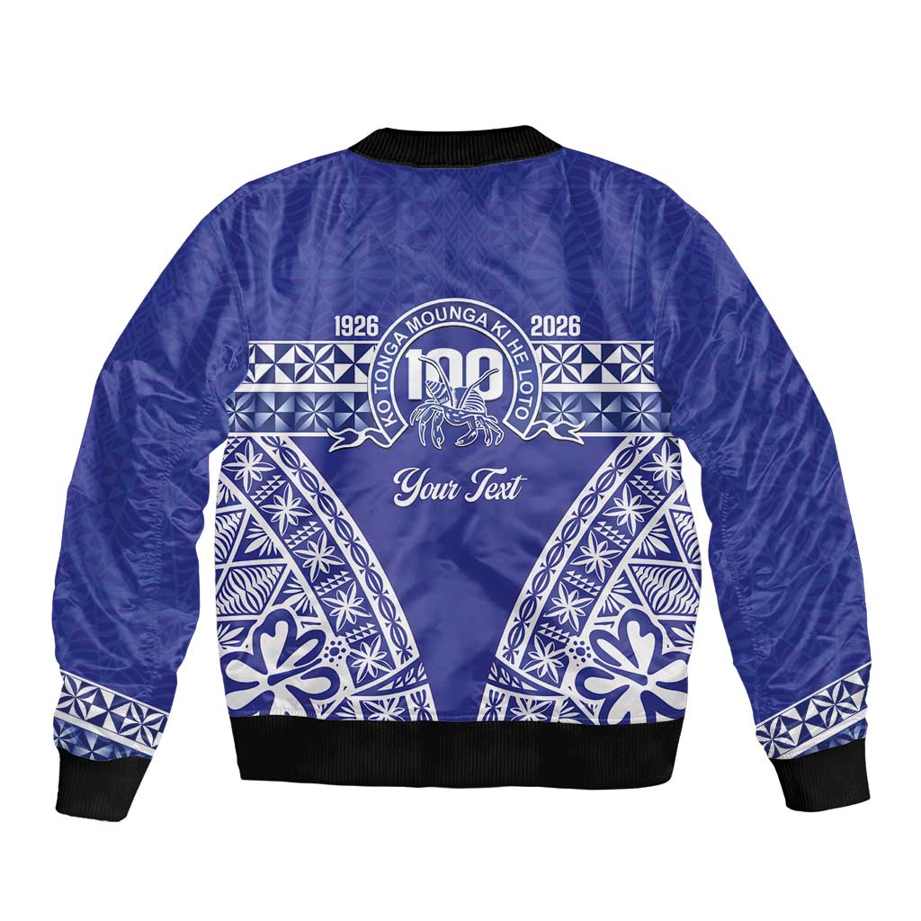 Personalised Queen Salote College Sleeve Zip Bomber Jacket Kolisi Fefine 100th Anniversary Kupesi Blue - Polynesian Pride