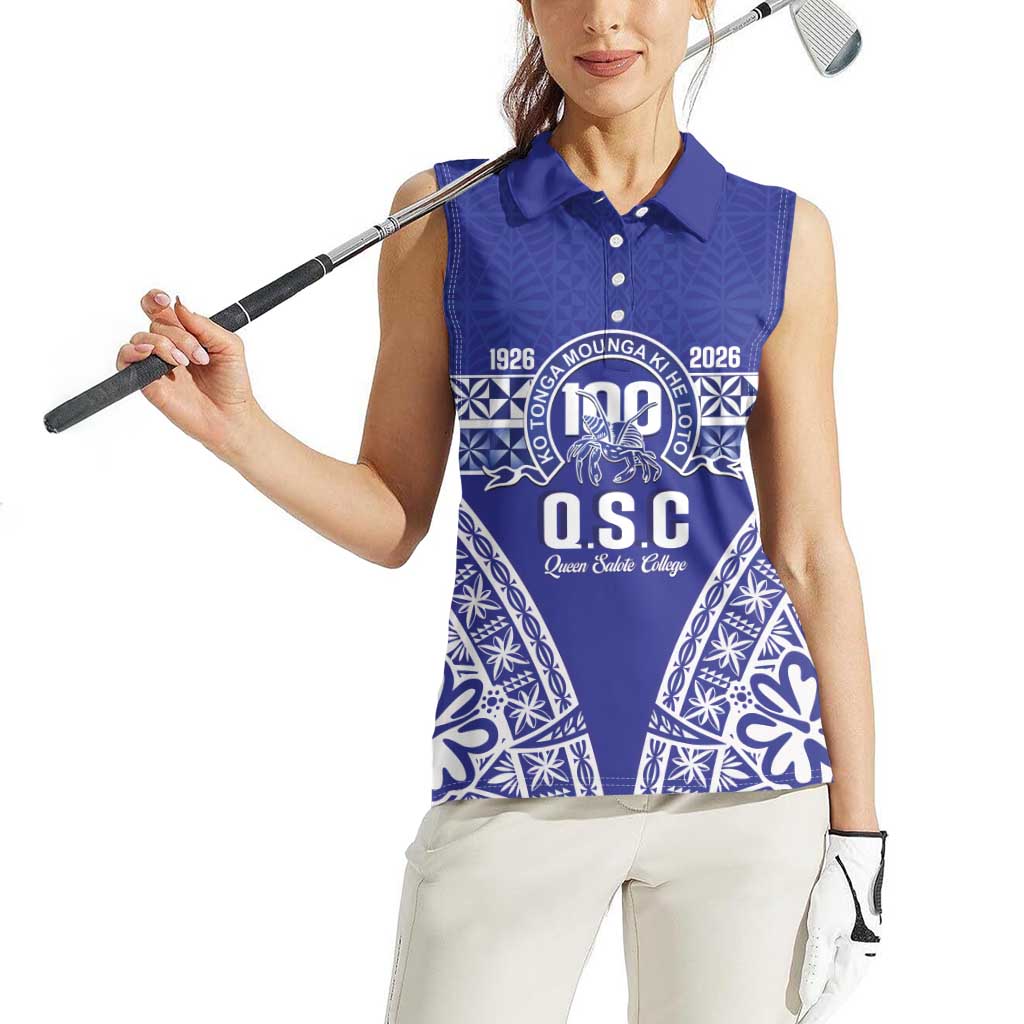 Personalised Queen Salote College Women Sleeveless Polo Shirt Kolisi Fefine 100th Anniversary Kupesi Blue LT14 - Polynesian Pride