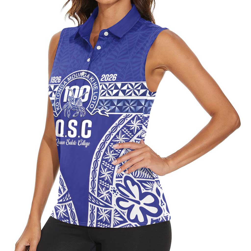 Personalised Queen Salote College Women Sleeveless Polo Shirt Kolisi Fefine 100th Anniversary Kupesi Blue LT14 - Polynesian Pride