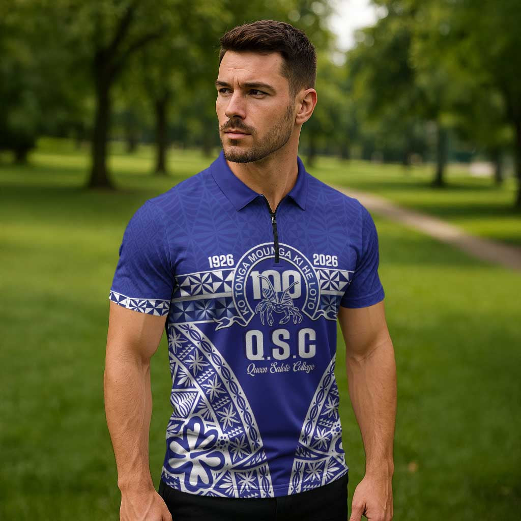 Personalised Queen Salote College Zipper Polo Shirt Kolisi Fefine 100th Anniversary Kupesi Blue LT14 - Polynesian Pride