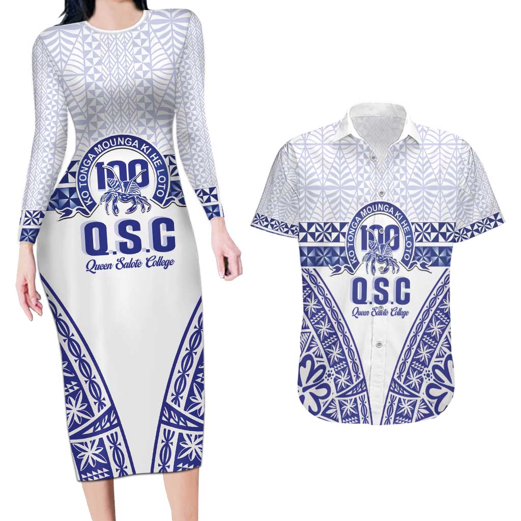 Personalised Queen Salote College Couples Matching Long Sleeve Bodycon Dress and Hawaiian Shirt Kolisi Fefine 100th Anniversary Kupesi White LT14 White - Polynesian Pride