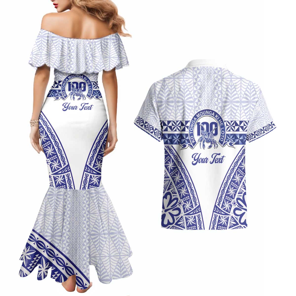 Personalised Queen Salote College Couples Matching Mermaid Dress and Hawaiian Shirt Kolisi Fefine 100th Anniversary Kupesi White LT14 - Polynesian Pride