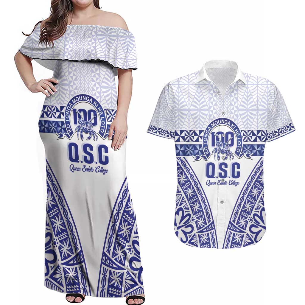Personalised Queen Salote College Couples Matching Off Shoulder Maxi Dress and Hawaiian Shirt Kolisi Fefine 100th Anniversary Kupesi White LT14 White - Polynesian Pride