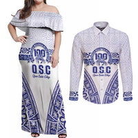 Personalised Queen Salote College Couples Matching Off Shoulder Maxi Dress and Long Sleeve Button Shirt Kolisi Fefine 100th Anniversary Kupesi White LT14 White - Polynesian Pride