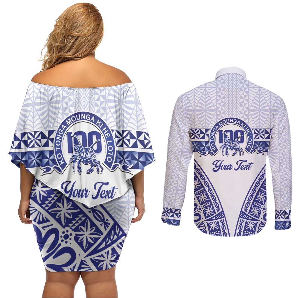 Personalised Queen Salote College Couples Matching Off Shoulder Short Dress and Long Sleeve Button Shirt Kolisi Fefine 100th Anniversary Kupesi White LT14 - Polynesian Pride