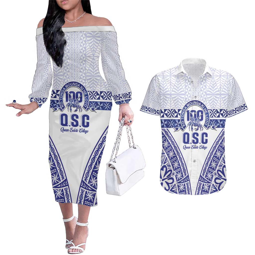 Personalised Queen Salote College Couples Matching Off The Shoulder Long Sleeve Dress and Hawaiian Shirt Kolisi Fefine 100th Anniversary Kupesi White LT14 White - Polynesian Pride