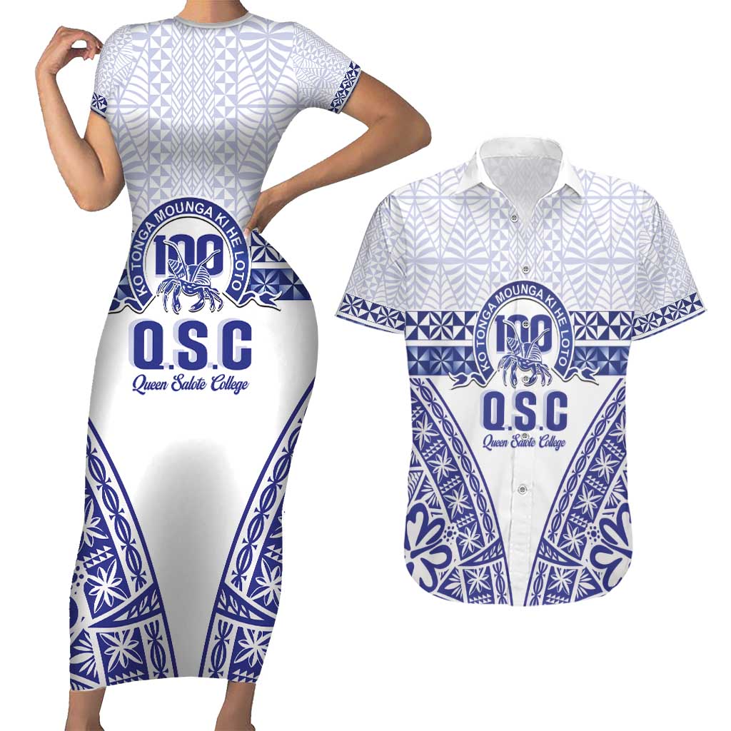 Personalised Queen Salote College Couples Matching Short Sleeve Bodycon Dress and Hawaiian Shirt Kolisi Fefine 100th Anniversary Kupesi White LT14 White - Polynesian Pride