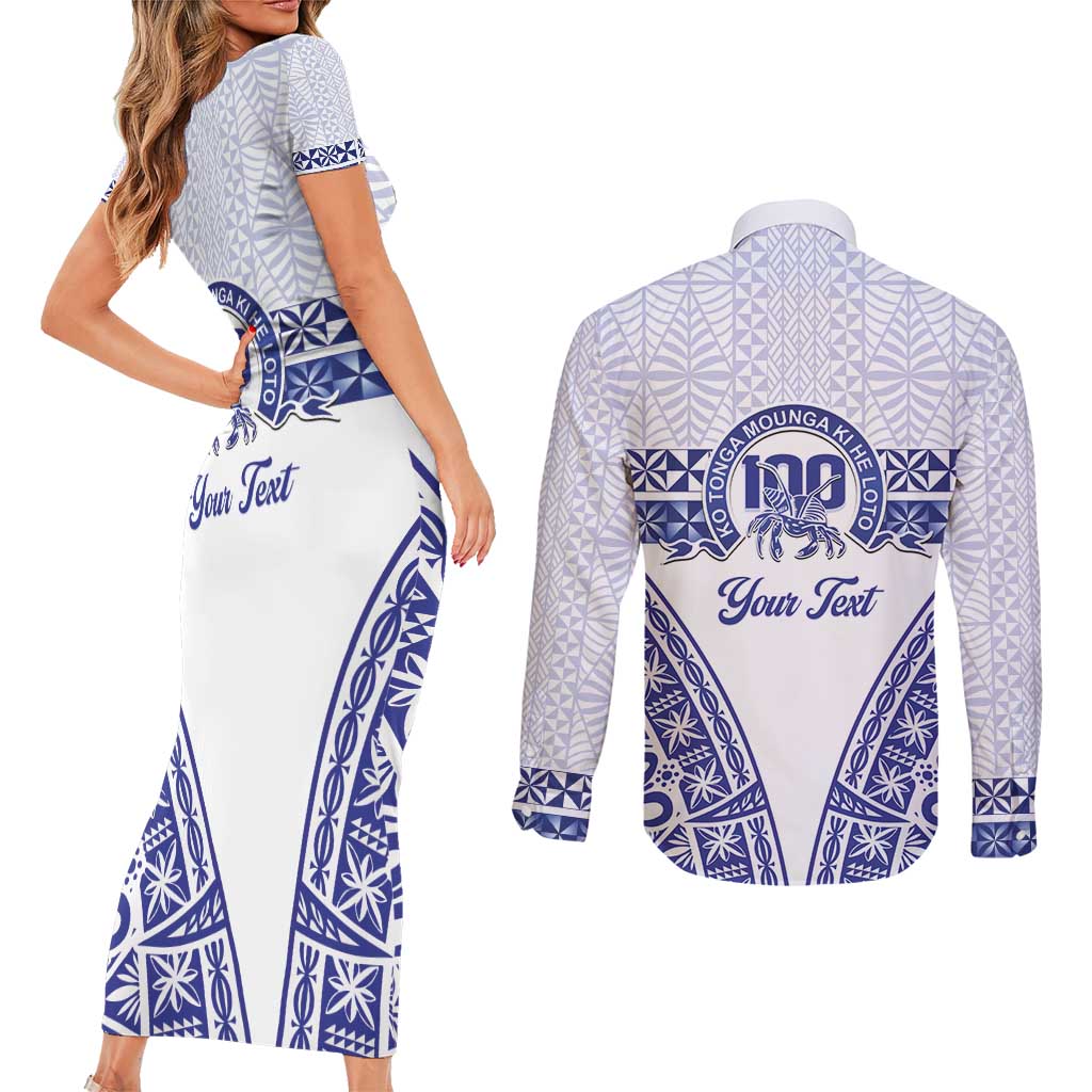 Personalised Queen Salote College Couples Matching Short Sleeve Bodycon Dress and Long Sleeve Button Shirt Kolisi Fefine 100th Anniversary Kupesi White LT14 - Polynesian Pride