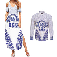 Personalised Queen Salote College Couples Matching Summer Maxi Dress and Long Sleeve Button Shirt Kolisi Fefine 100th Anniversary Kupesi White LT14 White - Polynesian Pride