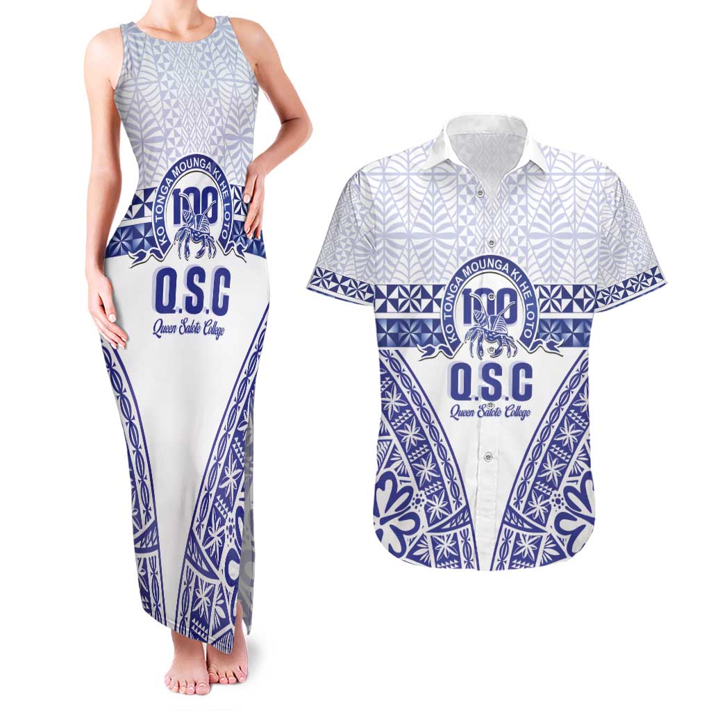 Personalised Queen Salote College Couples Matching Tank Maxi Dress and Hawaiian Shirt Kolisi Fefine 100th Anniversary Kupesi White LT14 White - Polynesian Pride
