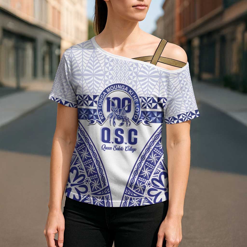 Personalised Queen Salote College Cross Shoulder Shirt Kolisi Fefine 100th Anniversary Kupesi White LT14 - Polynesian Pride