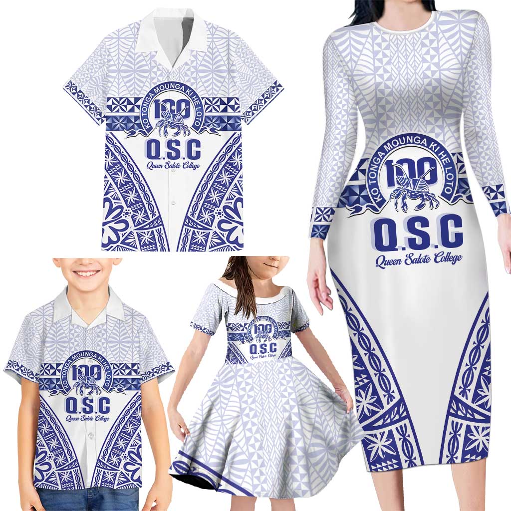 Personalised Queen Salote College Family Matching Long Sleeve Bodycon Dress and Hawaiian Shirt Kolisi Fefine 100th Anniversary Kupesi White LT14 - Polynesian Pride
