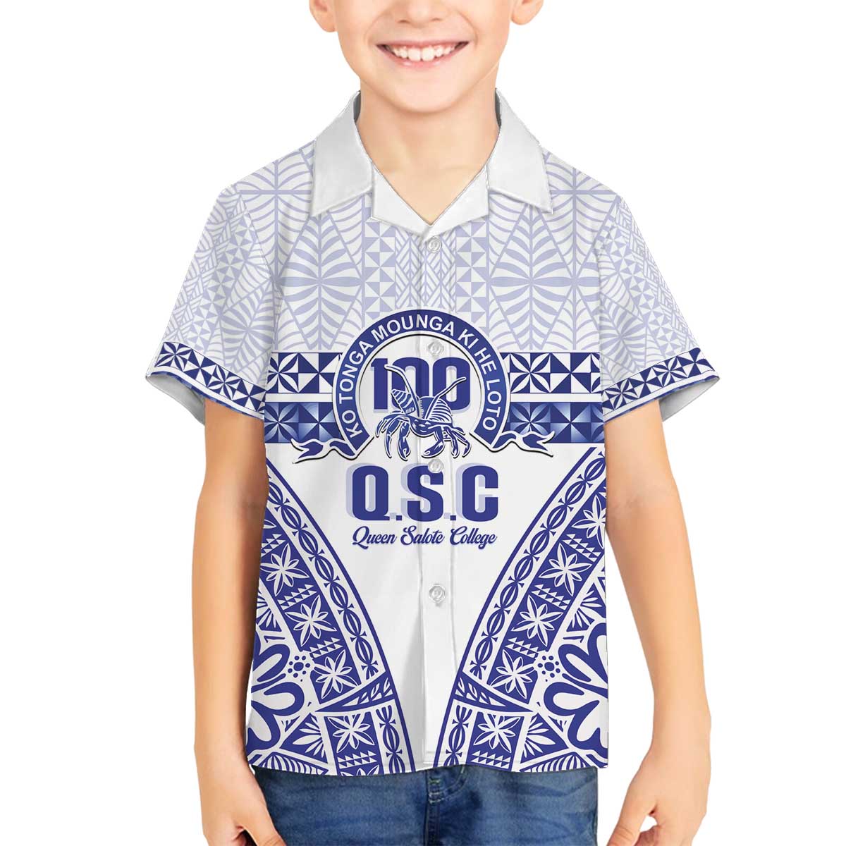 Personalised Queen Salote College Family Matching Off The Shoulder Long Sleeve Dress and Hawaiian Shirt Kolisi Fefine 100th Anniversary Kupesi White LT14 Son's Shirt White - Polynesian Pride