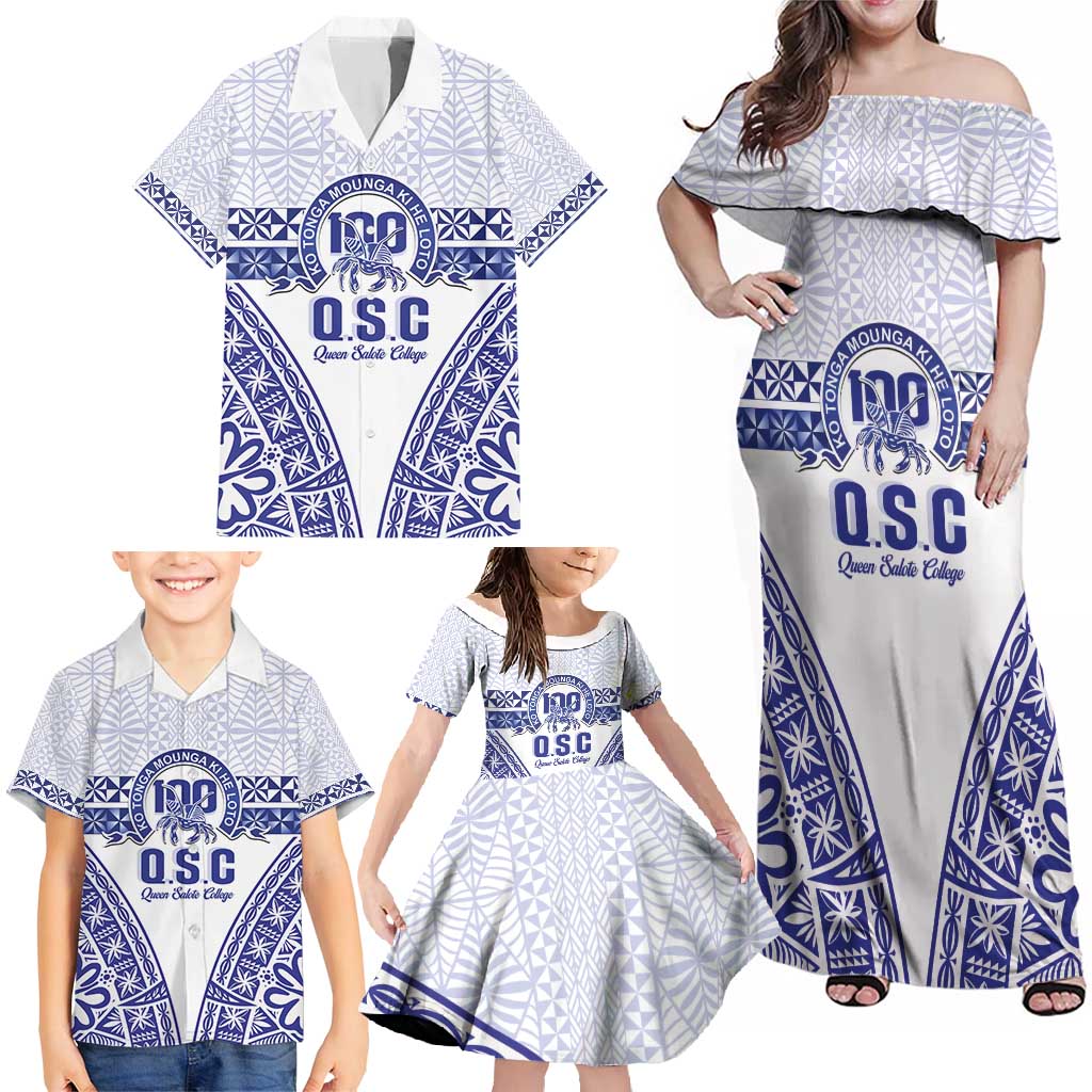 Personalised Queen Salote College Family Matching Off Shoulder Maxi Dress and Hawaiian Shirt Kolisi Fefine 100th Anniversary Kupesi White LT14 - Polynesian Pride