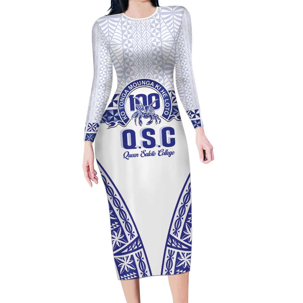 Personalised Queen Salote College Long Sleeve Bodycon Dress Kolisi Fefine 100th Anniversary Kupesi White LT14 Long Dress White - Polynesian Pride