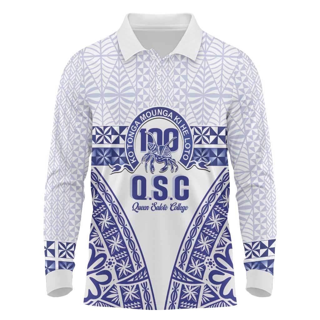 Personalised Queen Salote College Long Sleeve Polo Shirt Kolisi Fefine 100th Anniversary Kupesi White LT14 White - Polynesian Pride