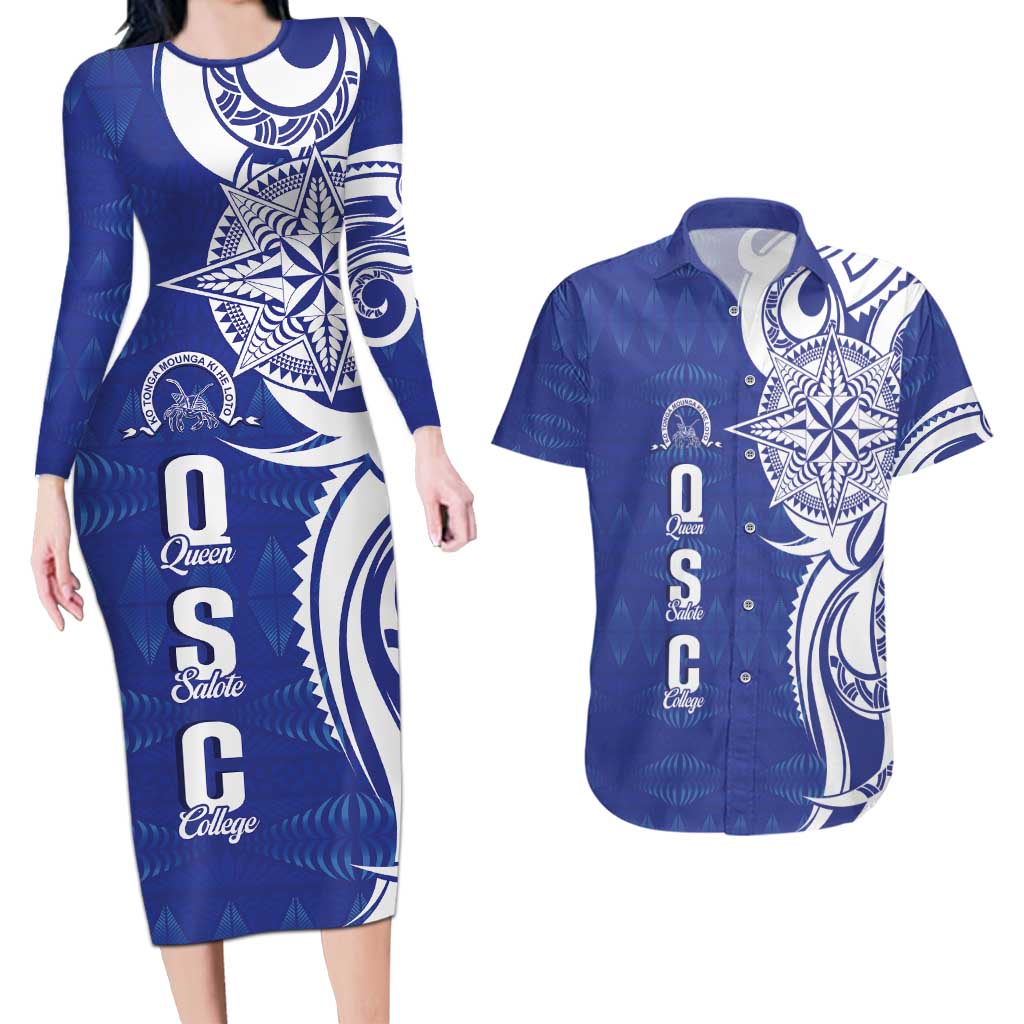 Personalised Queen Salote College Couples Matching Long Sleeve Bodycon Dress and Hawaiian Shirt QSC Est 1926 Ngatu Pattern LT14 Blue - Polynesian Pride