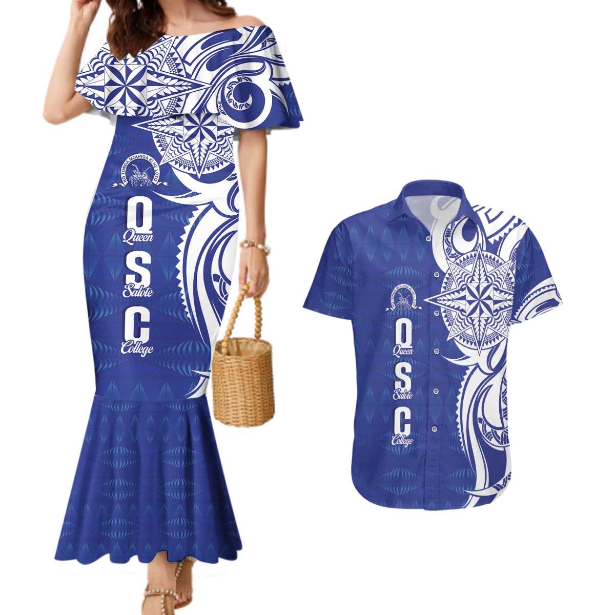 Personalised Queen Salote College Couples Matching Mermaid Dress and Hawaiian Shirt QSC Est 1926 Ngatu Pattern LT14 Blue - Polynesian Pride