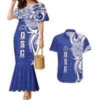 Personalised Queen Salote College Couples Matching Mermaid Dress and Hawaiian Shirt QSC Est 1926 Ngatu Pattern LT14 Blue - Polynesian Pride