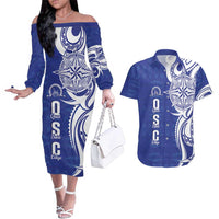 Personalised Queen Salote College Couples Matching Off The Shoulder Long Sleeve Dress and Hawaiian Shirt QSC Est 1926 Ngatu Pattern LT14 Blue - Polynesian Pride