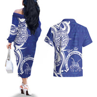 Personalised Queen Salote College Couples Matching Off The Shoulder Long Sleeve Dress and Hawaiian Shirt QSC Est 1926 Ngatu Pattern LT14 - Polynesian Pride