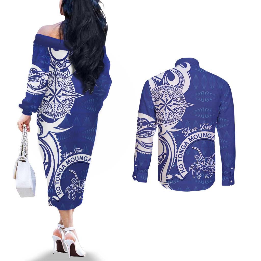 Personalised Queen Salote College Couples Matching Off The Shoulder Long Sleeve Dress and Long Sleeve Button Shirt QSC Est 1926 Ngatu Pattern LT14 - Polynesian Pride
