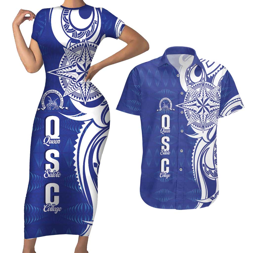 Personalised Queen Salote College Couples Matching Short Sleeve Bodycon Dress and Hawaiian Shirt QSC Est 1926 Ngatu Pattern LT14 Blue - Polynesian Pride
