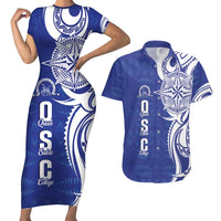 Personalised Queen Salote College Couples Matching Short Sleeve Bodycon Dress and Hawaiian Shirt QSC Est 1926 Ngatu Pattern LT14 Blue - Polynesian Pride